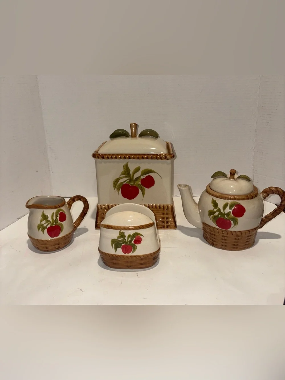 Ceramic Apple Motif Tea Set and Canister - Cream and Red